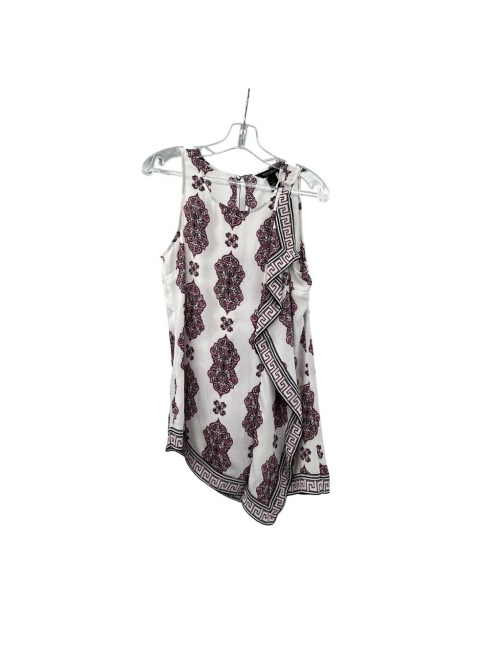 WHBM Sleeveless Blouse Sheer Multicolor Print Ruffle White/Multi Size Small